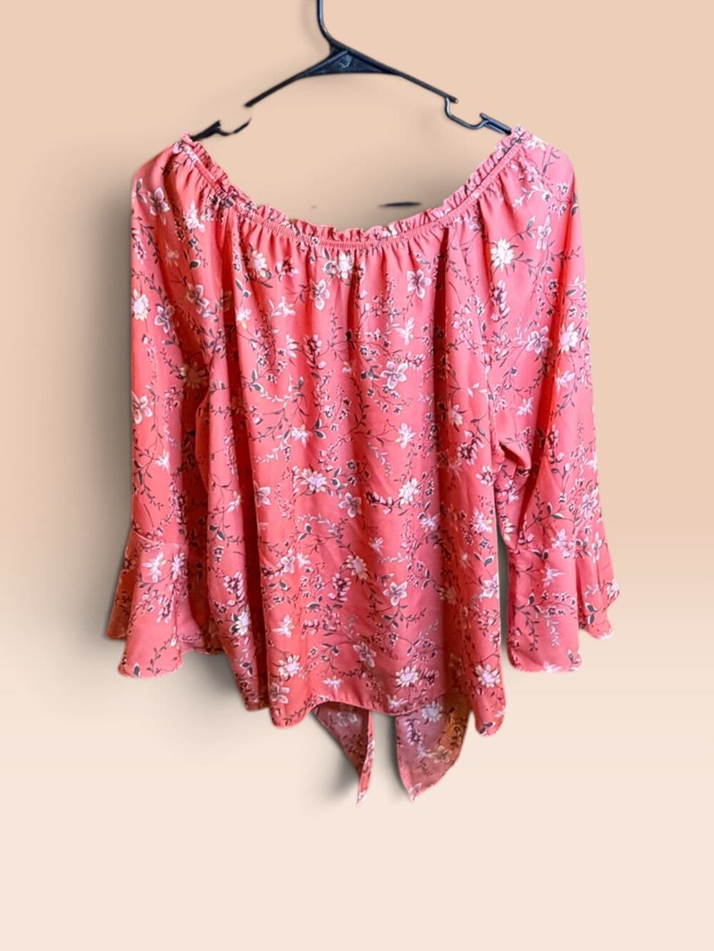 AB Studio Size XL Coral Orange Floral Print Long Sleeve Peasant Top